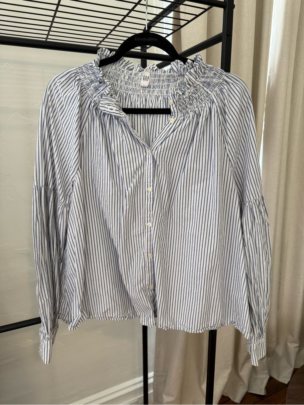 GAP Blue and White Vertical Stripe Smocked Neck Button-Down Shirt